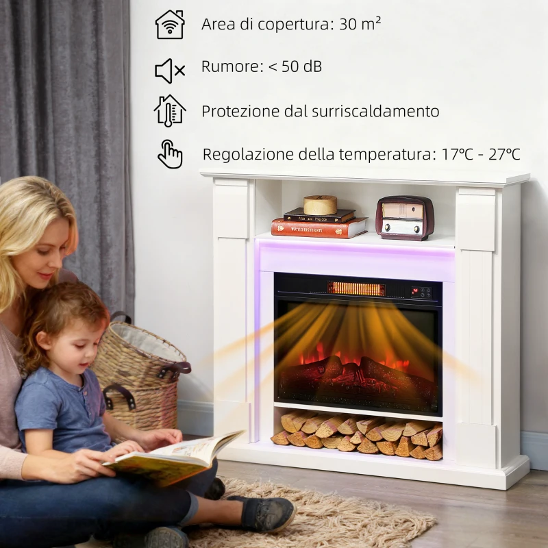 HOMCOM Camino Elettrico 1800W Regolabile con Fiamma 3D, Ripiano, Timer e Telecomando, 105x27x97 cm, Bianco