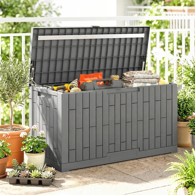 Outsunny Coffre de Rangement Extérieur 379 L Verrouillable avec Vérin à Gaz, Aspect Bois, 122,5x56x62cm, Gris