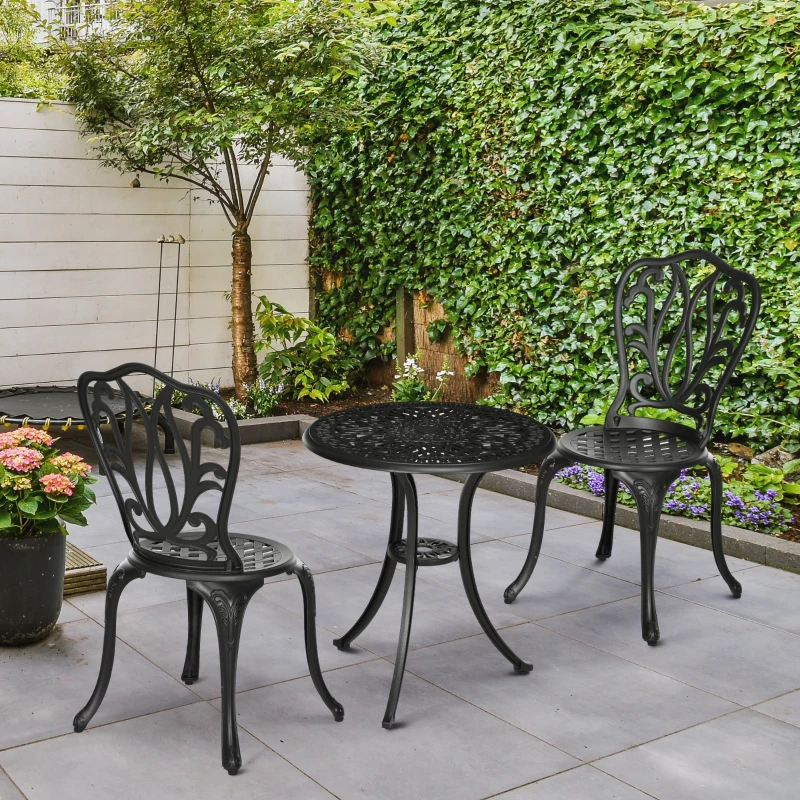 Outsunny Set da Giardino 3pz con 2 Sedie da Esterno e Tavolino in Vetro con Foro per Ombrellone, in Alluminio, Nero