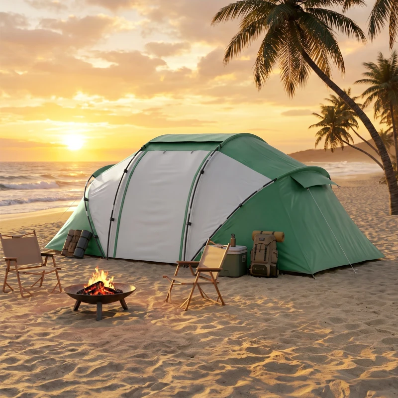 Outsunny 4 Man UV Protection Camping Tent - Green and White