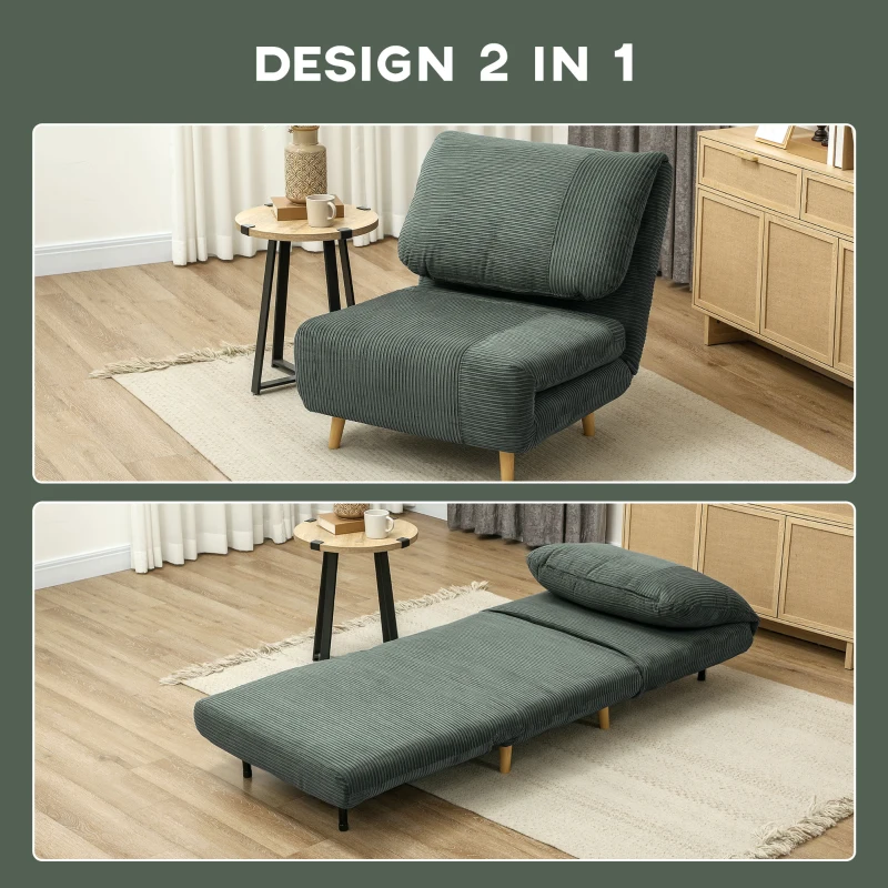 HOMCOM 2-in-1 Poltrona Letto Ospiti, Poggiatesta Regolabile, Velluto a Coste, 82 cm x 89 cm x 83 cm, Verde