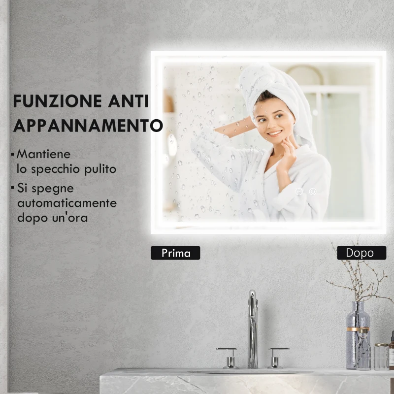 kleankin Specchio Bagno con Luce LED 3 Livelli Rettangolare, Antiappannamento e Interruttore Touch, 90x70cm