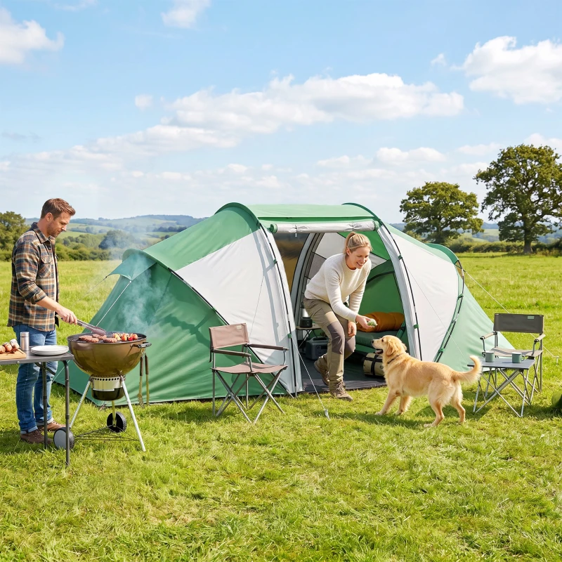 Outsunny 4 Man UV Protection Camping Tent - Green and White