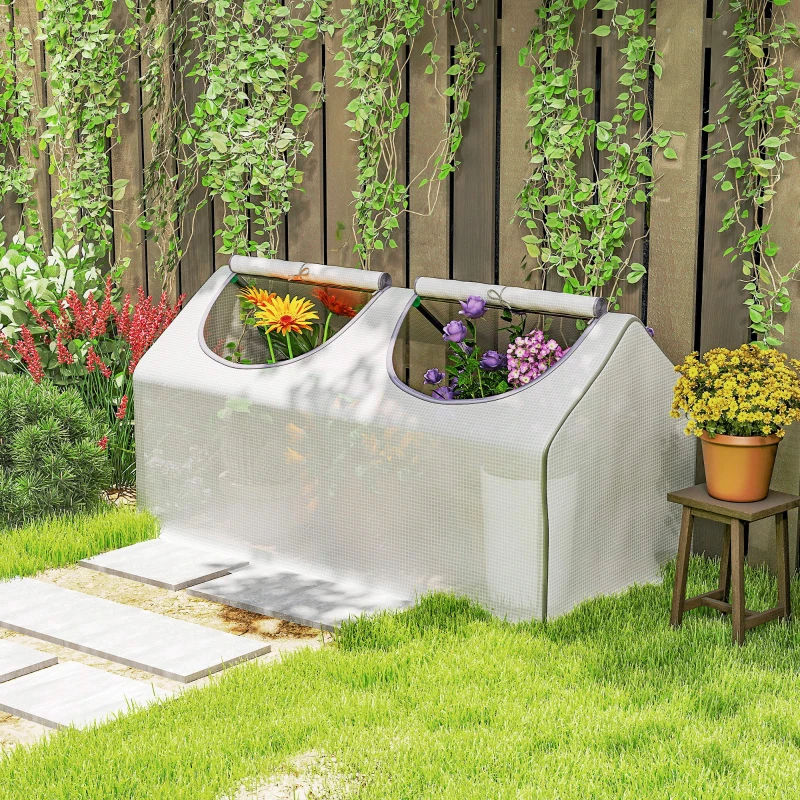 Outsunny Mini Greenhouse Portable Flower Planter Tomato Vegetable House for Garden Backyard with Zipper 120 x 60 x 60 cm, White