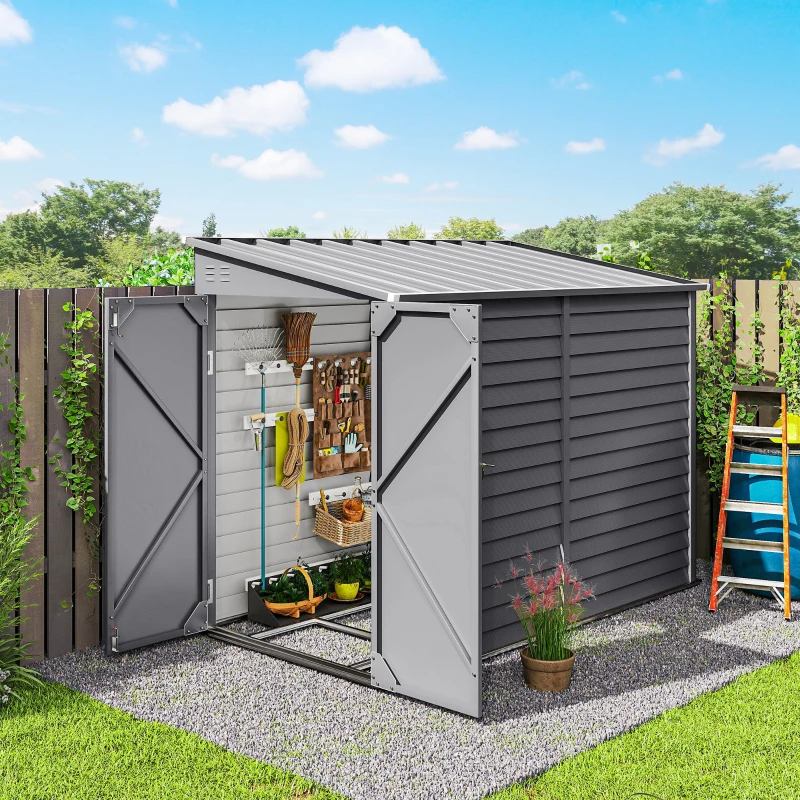 Outsunny 5 x 9ft Galvanised Metal Garden Shed with Foundation Kit, Outdoor Lean-to Shed, Tool Storage House for Garden, Grey