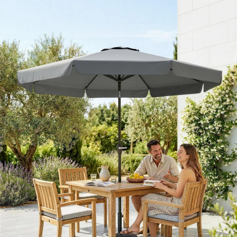 Outsunny Parasol de Jardín de Aluminio Ø266x250 cm con Ángulo Ajustable Protección UV50+ Techo de Ventilación y Manivela Gris