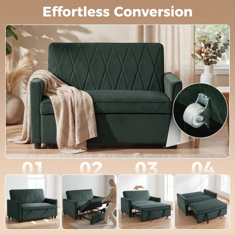 HOMCOM 2 Seater Sofa Bed, 3-in-1 Convertible Pull Out Sleeper Sofa with Clik-Clack Adjustable Backrest, Dark Green