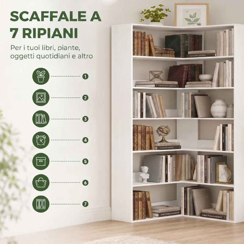 HOMCOM Scaffale con 7 Ripiani, Scaffale Angolare a L con Protezione Posteriore Antiscivolo, Bianco Effetto Legno