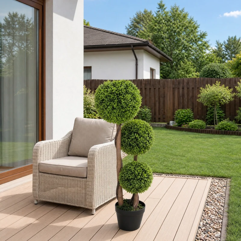 HOMCOM Set 2 Plantas de Boj Artificial de 3 Esferas, con Maceta y Base Reforzada, Altura 90 cm, para Interior y Exterior