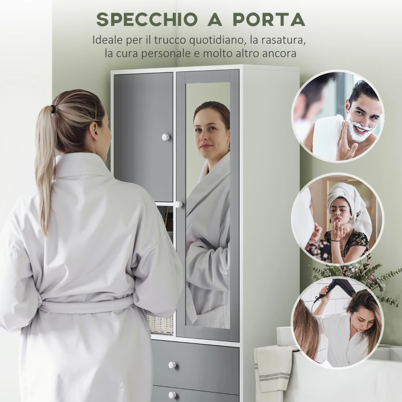 HOMCOM Armadio da bagno con cestino per il bucato e porta specchiata ripiano regolabile 62 x 28,3 x 181 cm grigio e bianco