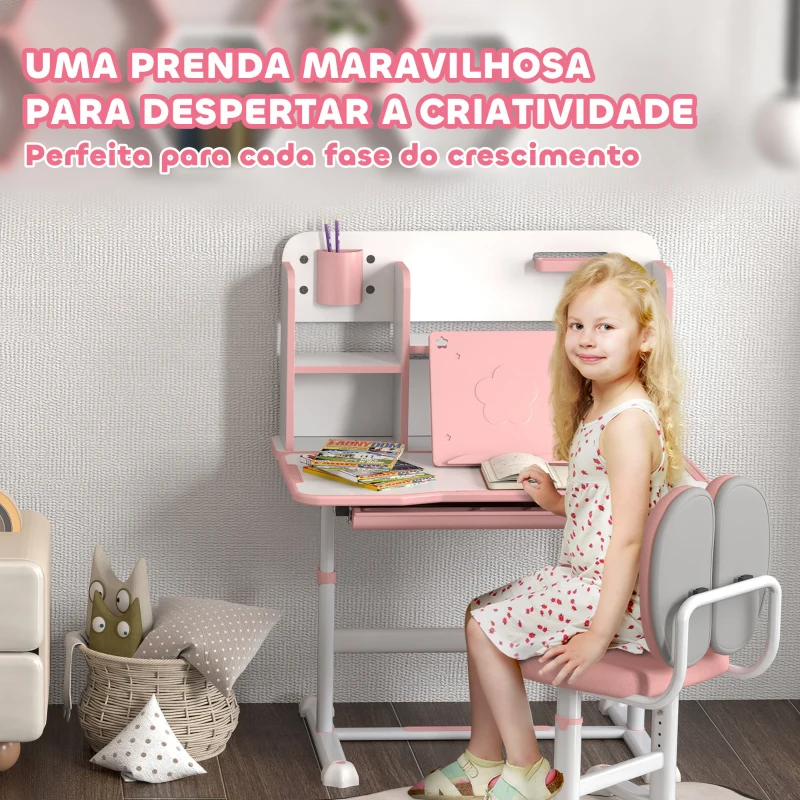 AIYAPLAY Conjunto de Secretária e Cadeira para Crianças Secretária Infantil Altura Ajustável 80x55x107,5 cm Rosa