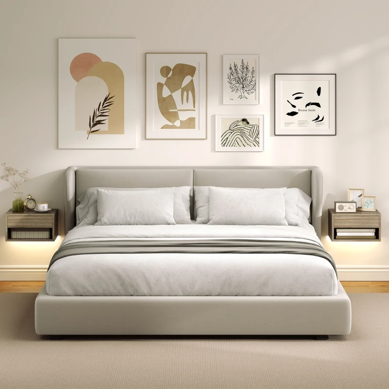 HOMCOM Set 2 Noptiere Suspendate cu LED Integrat și Reglabil prin Aplicație, Sertar și Raft, 37x32x21 cm, Nuanță de Lemn