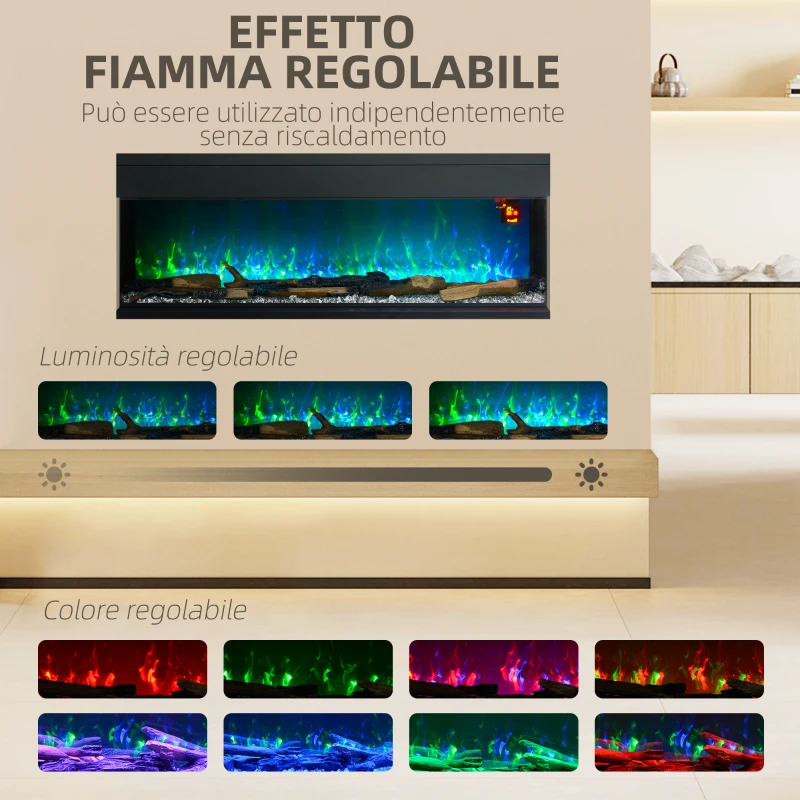 HOMCOM Camino Elettrico da Incasso e Parete 1800W con Fiamme Colorate LED Regolabili, Temperatura fino 40°C, Nero