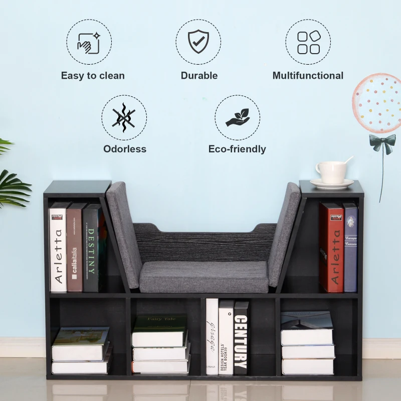 HOMCOM Bookcase Storage Shelf with Cushioned Reading Seat, Cube Bookshelf Organizer for Bedroom Living Room, Black