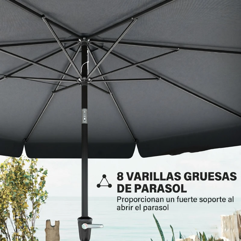 Outsunny Parasol de Jardín de Aluminio Ø266x250 cm con Ángulo Ajustable Protección UV50+ Techo de Ventilación y Manivela Gris