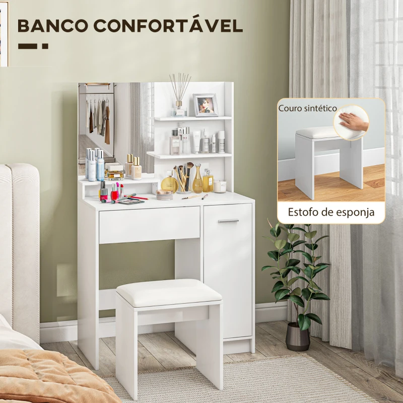 HOMCOM Toucador de Maquilhagem com Banco Mesa de Maquilhagem com Espelho Prateleiras e Gaveta 80x40x132 cm Branco e Bege