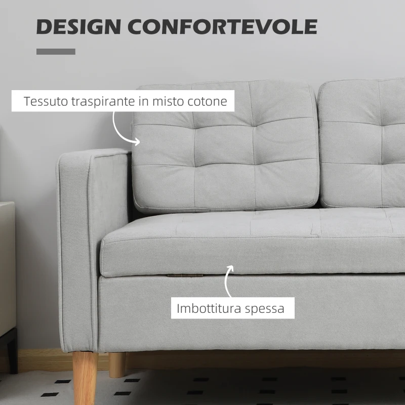 HOMCOM Divano a Due Posti con Contenitore, Impunture a Bottoni, Cuscini, Legno di Gomma, 117x62x78cm, Grigio Chiaro
