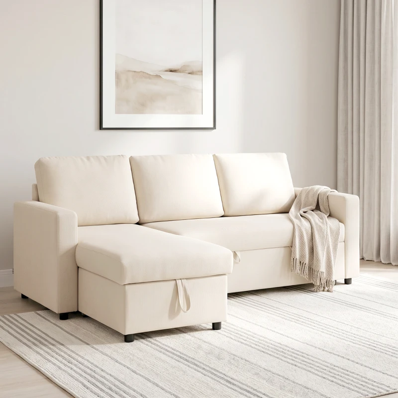 HOMCOM Canapé d'angle convertible modulable avec méridienne réversible, coffre de rangement et 3 coussins de dossier, crème(m-2)