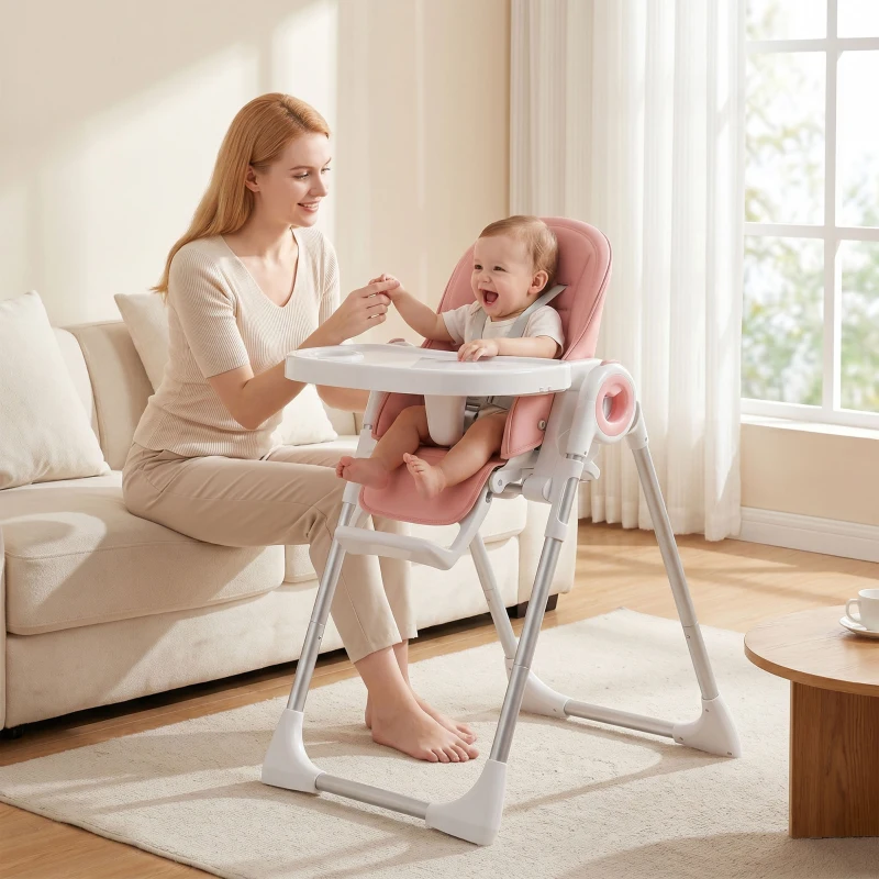 AIYAPLAY Seggiolone Pappa Pieghevole per Bambini 6-36 Mesi con Altezza Regolabile, Doppio Vassoio Lavabile, Ruote, Rosa