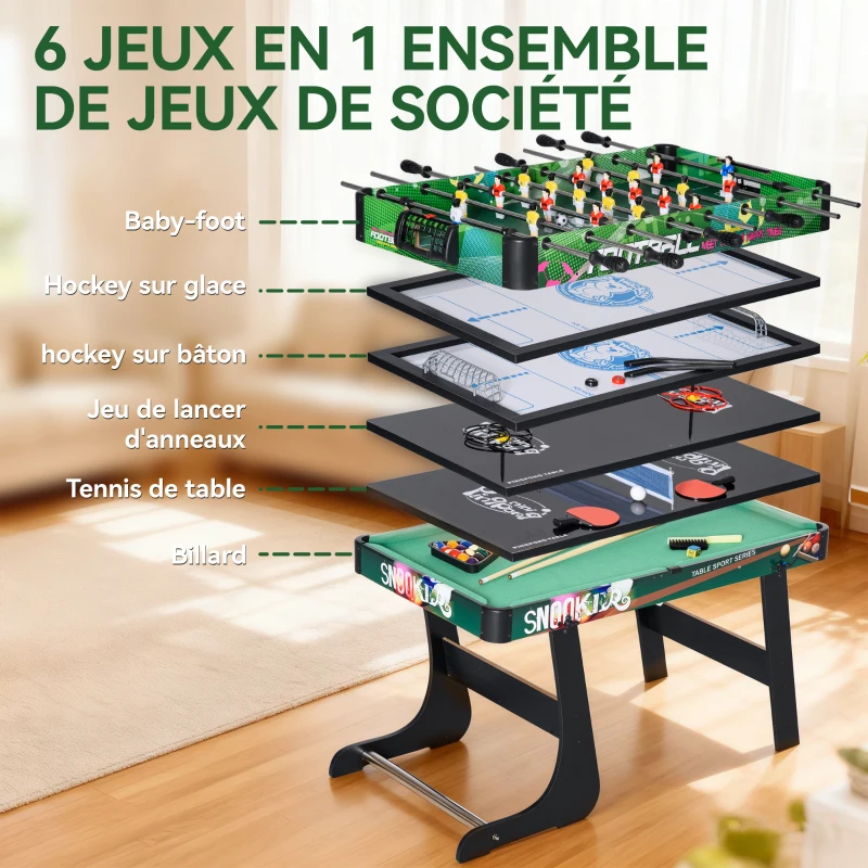 HOMCOM Table Multi-Jeux 6-en-1, Baby-Foot, Billard, Ping-Pong, Hockey, Jeu d'Anneaux, 118x104x71cm, Multicolore