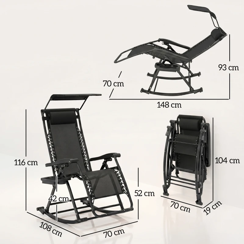 Outsunny Foldable Garden Rocking Chair, Outdoor Recliner Sun Lounger with Breath Mesh Fabric, Zero-Gravity Seat with Headrest, Cup Holder Tray, Black