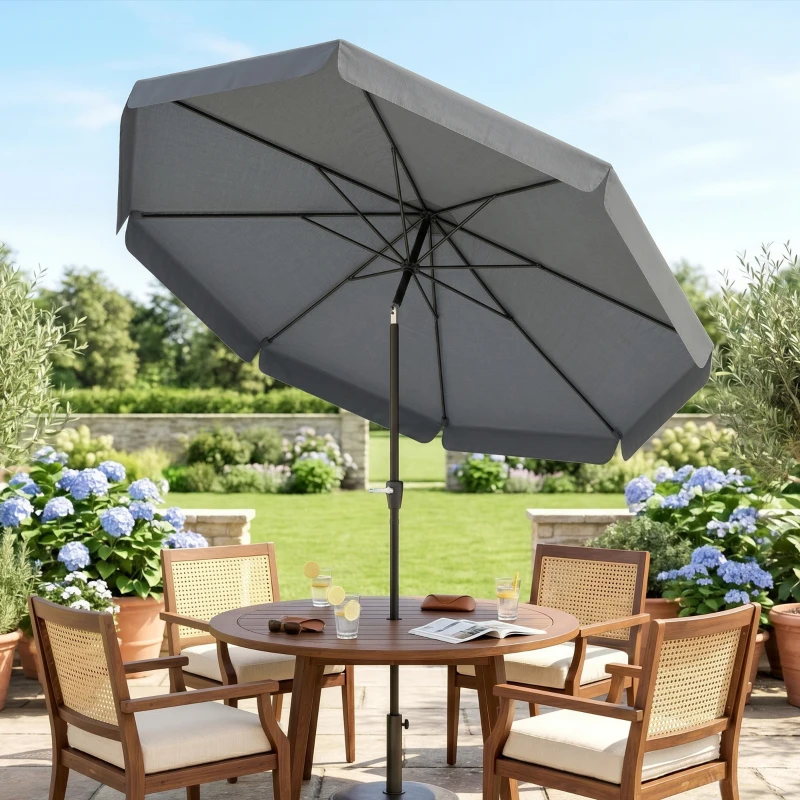 Outsunny Parasol de Jardín de Aluminio Ø266x250 cm con Ángulo Ajustable Protección UV50+ Techo de Ventilación y Manivela Gris