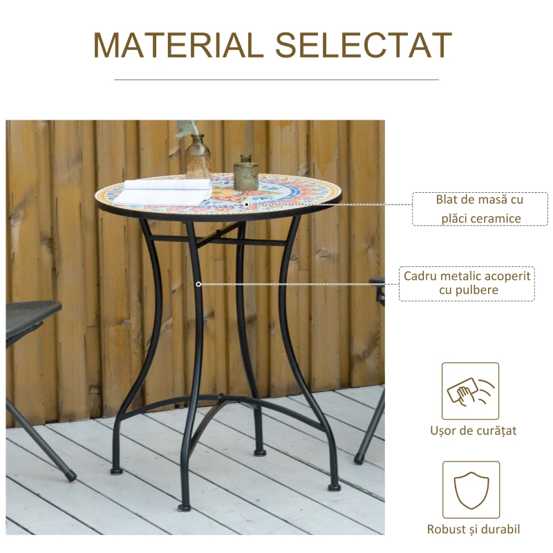 Outsunny Masa Rotunda Stil Bistro de 60 cm cu Mozaic pentru Gradina, Veranda, Exterior, Balcon, Gri
