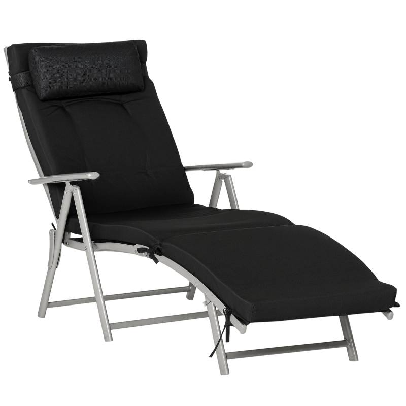 Outsunny Bain de Soleil Pliable transat inclinable 7 Positions Chaise Longue Grand Confort avec Matelas + accoudoirs métal époxy textilène Polyester Noir