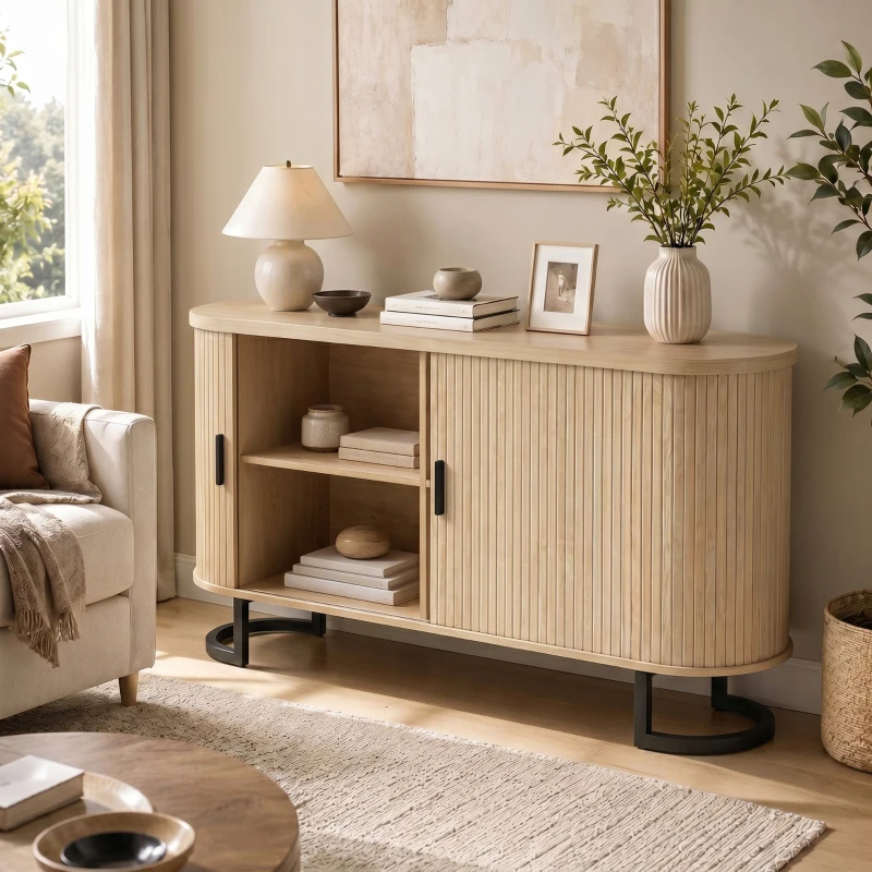 HOMCOM Buffet salon, meuble de rangement ovale avec 2 portes coulissantes et étagères réglables, 140x40x75cm, bois naturel