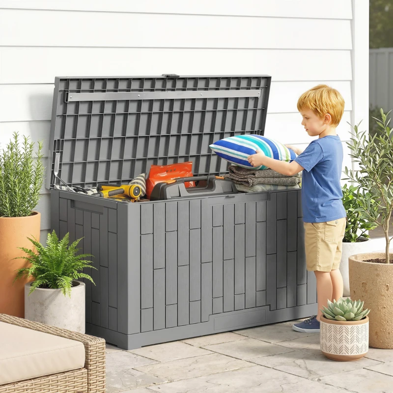 Outsunny Coffre de Rangement Extérieur 379 L Verrouillable avec Vérin à Gaz, Aspect Bois, 122,5x56x62cm, Gris