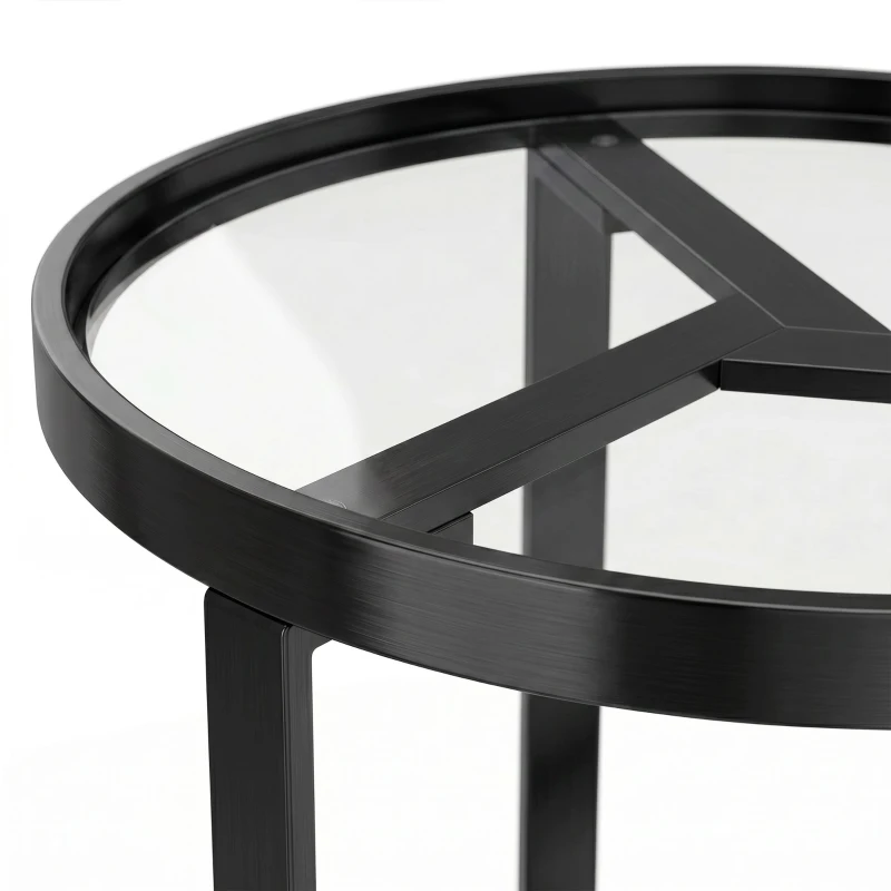 HOMCOM Round Side Table with Tempered Glass Top and Geometric Metal Frame for Small Space, Black
