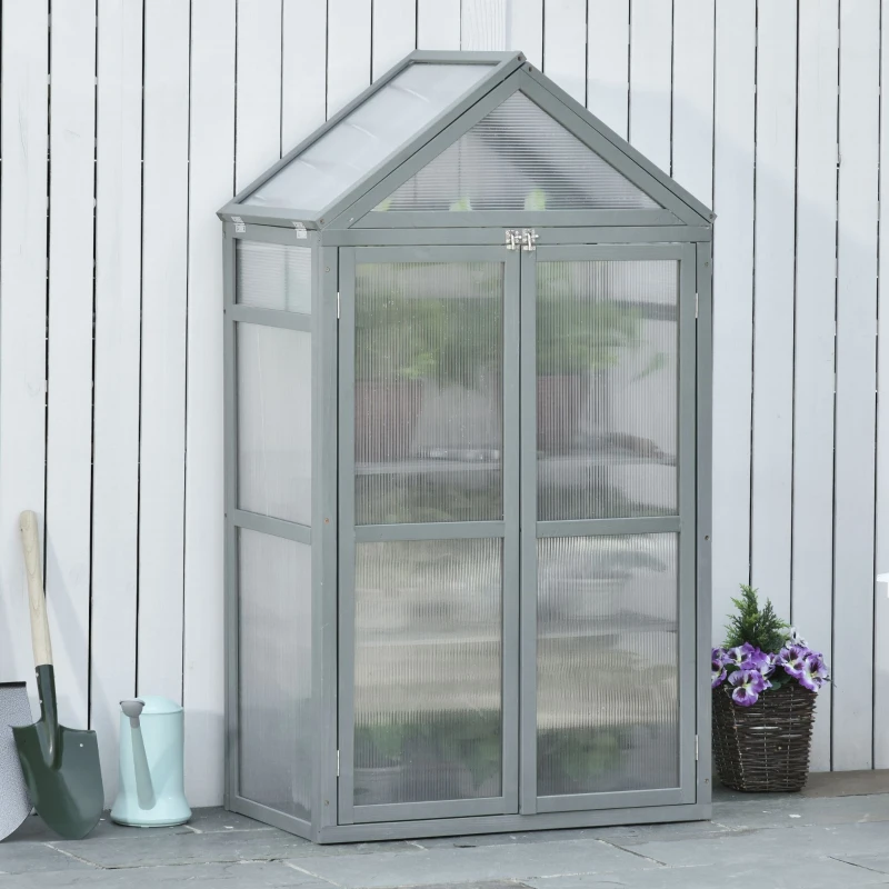 Outsunny 80 x 47 x 138cm Garden Cold Frame with Adjustable Shelves, Polycarbonate Greenhouse with Double Doors, Openable Top Covers, Grow House for Flower Vegetable Plants, Grey