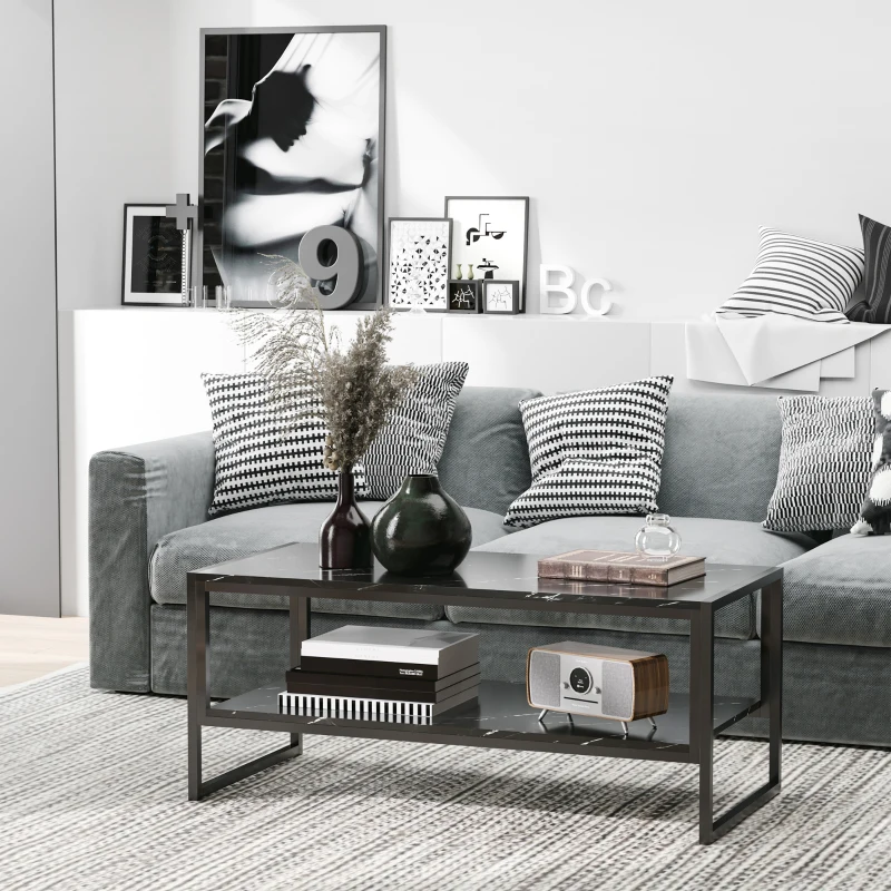 HOMCOM Tavolino da Caffè Nero, Tavolino Effetto Marmo con Ripiano Inferiore, da Soggiorno o Ufficio, Design Moderno, Telaio in Acciaio, 106x50x45cm, Nero