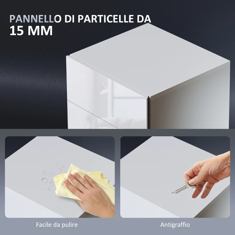 HOMCOM Comodino Moderno con Luce LED Regolabile con Telecomando e 3 Cassetti, 40x35x60 cm, Bianco Lucido
