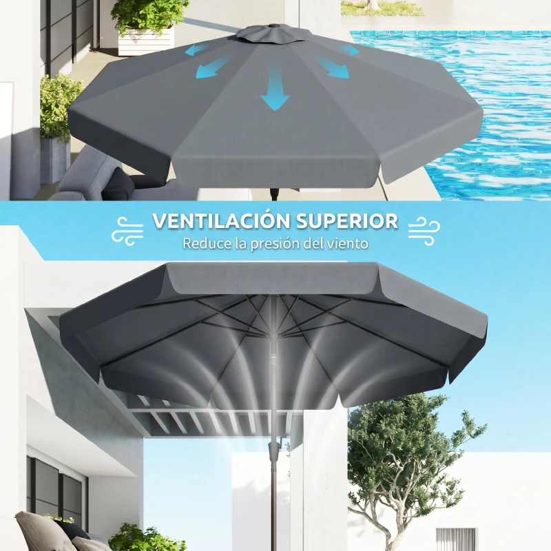 Outsunny Parasol de Jardín de Aluminio Ø266x250 cm con Ángulo Ajustable Protección UV50+ Techo de Ventilación y Manivela Gris