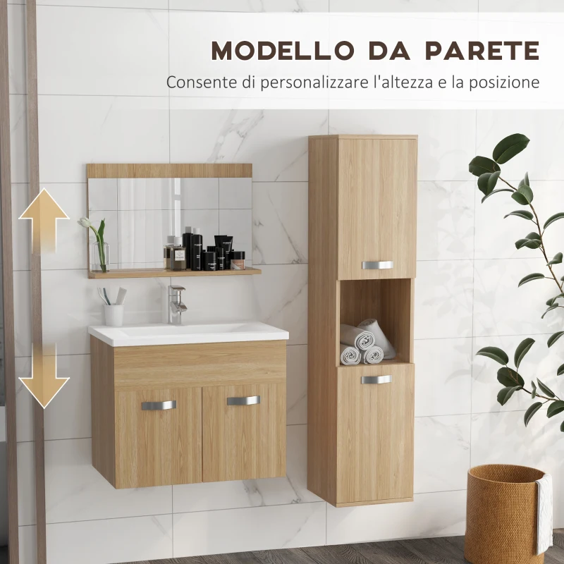 kleankin Set di Mobili per il Bagno Armadietto Specchiera, Mobile Sottolavabo Sospeso con Lavabo, Colonna, Naturale