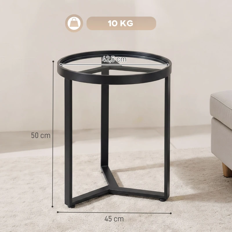 HOMCOM Table d'appoint ronde avec plateau en verre trempé et structure métallique géométrique pour petits espaces, Noir