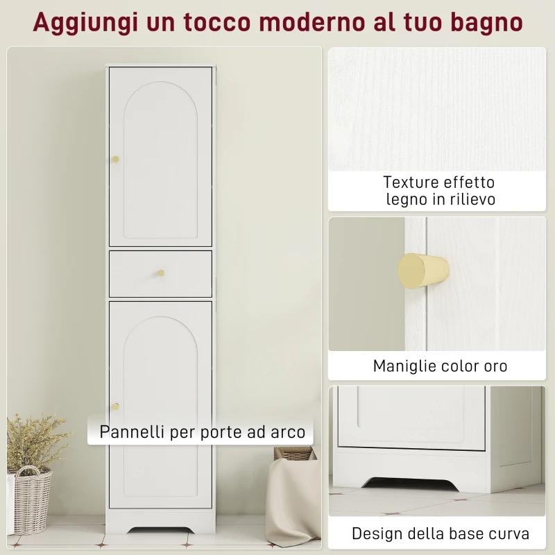 HOMCOM Armadietto Alto da Bagno Stretto con 2 Porte Arco Cassetto e Ripiani Regolabili Moderno 40x29,5x170 cm Bianco