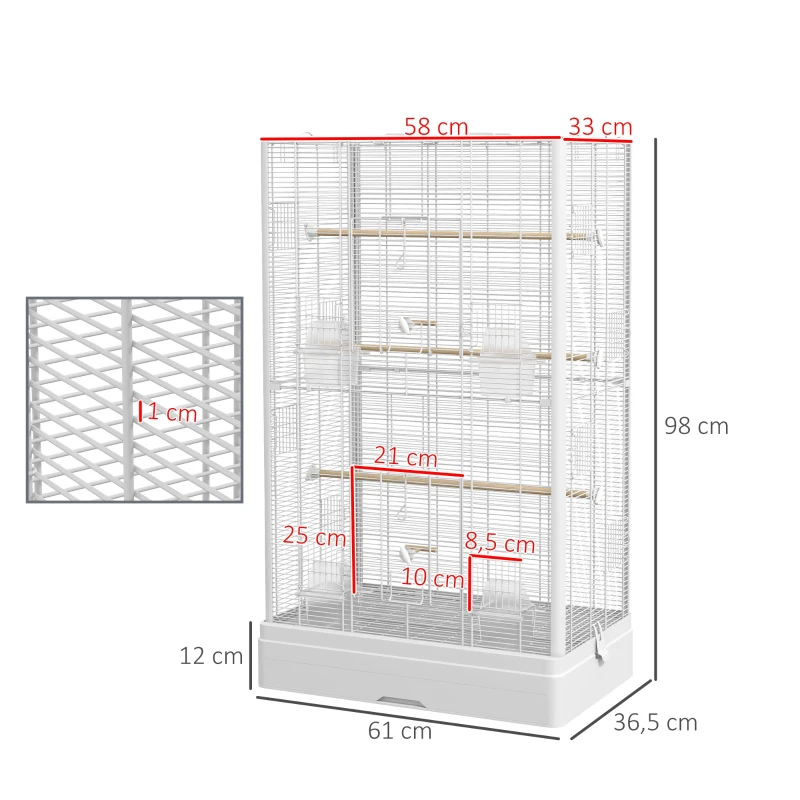 PawHut Gabbia per Uccelli con Vassoio Estraibile e Posatoi, Voliera per Pappagalli, 61x36.5x98 cm, Bianco