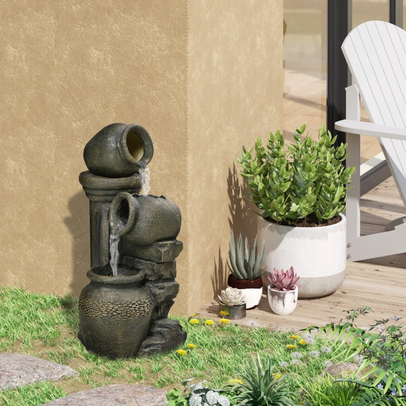 Outsunny Fontaine de jardin zen 3 jarres débit réglable pompe à eau submersible incluse dim. 36,5L x 32l x 73H cm résine gris