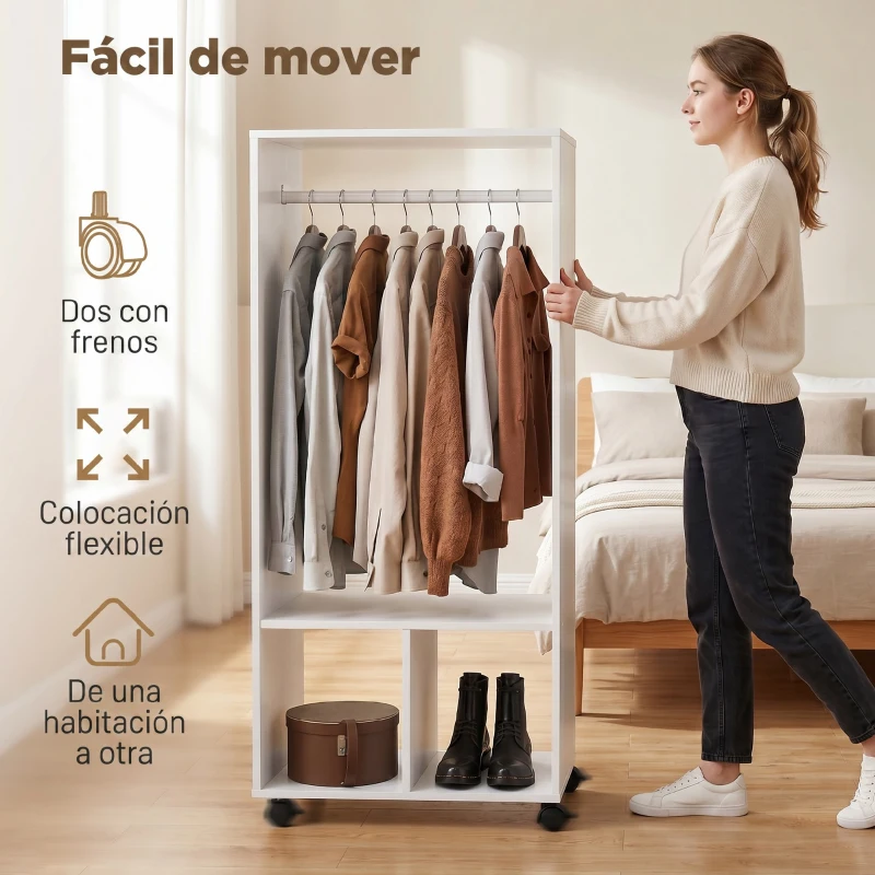 HOMCOM Armario Abierto con Ruedas Barra y Estantes para tener Ropa Colgada y Doblada 60x40x128 cm Blanco