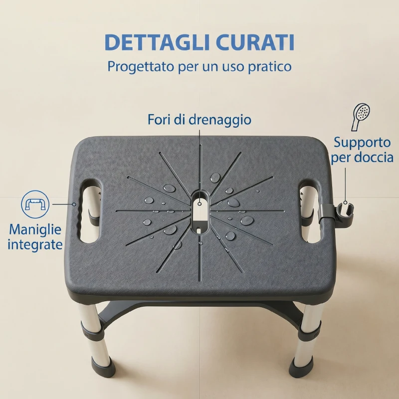 HOMCOM Sgabello per Doccia in Alluminio con Mensola Integrato, Altezza Regolabile 5 Livelli, Portata 150kg, Grigio
