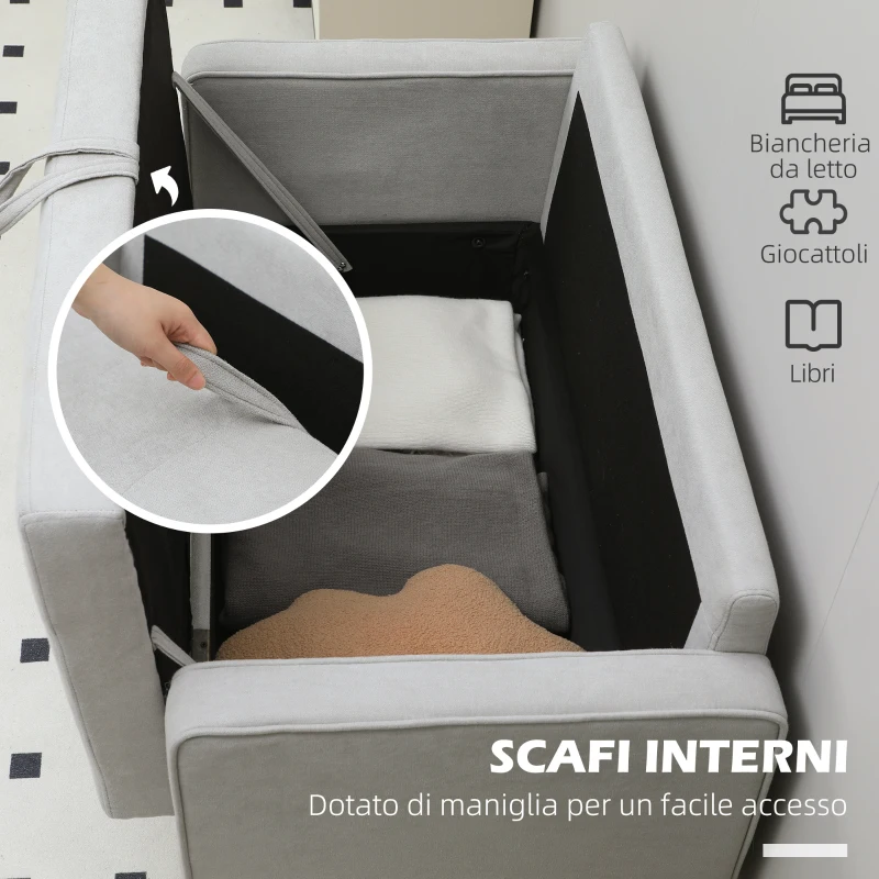 HOMCOM Divano a Due Posti con Contenitore, Impunture a Bottoni, Cuscini, Legno di Gomma, 117x62x78cm, Grigio Chiaro