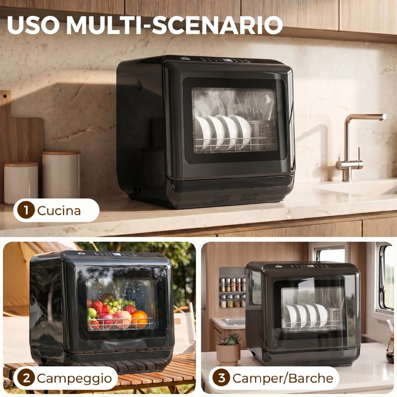 HOMCOM Lavastoviglie da Tavolo, con Serbatoio Integrato da 6 L, 5 Programmi, 4 Coperti e Display LED, Nero