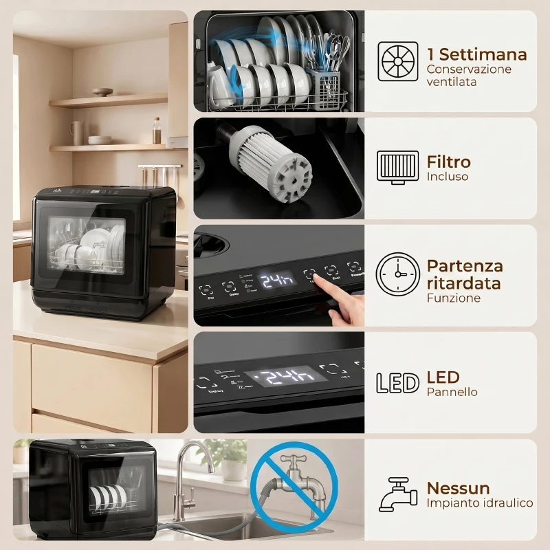 HOMCOM Lavastoviglie da Tavolo, con Serbatoio Integrato da 6 L, 5 Programmi, 4 Coperti e Display LED, Nero
