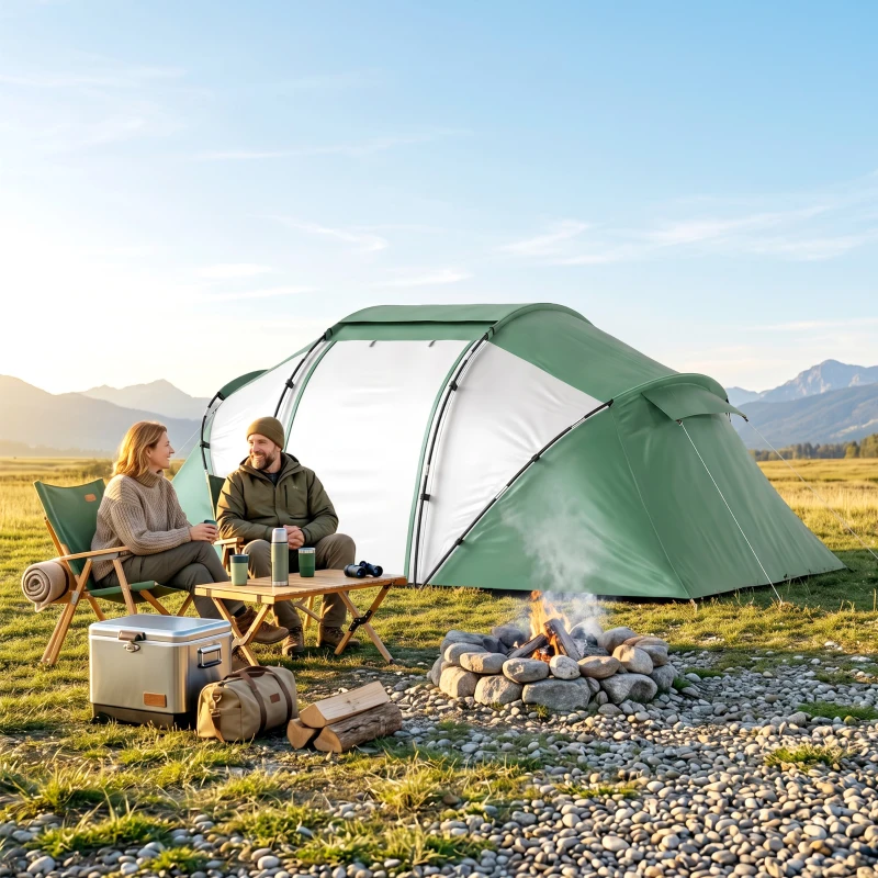 Outsunny 4 Man UV Protection Camping Tent - Green and White