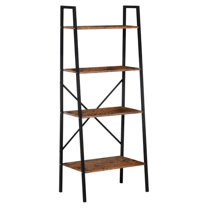 HOMCOM Ladder Shelf, Bookshelf, 4-Tier Industrial Storage Rack for Living Room, Bedroom, Kitchen, Rustic Brown and Black