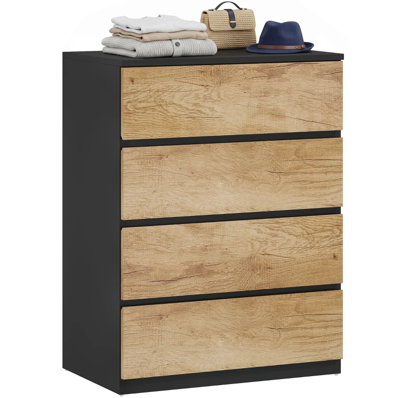 HOMCOM Commode 4 tiroirs en bois avec rails métalliques et poignées rainurées, 60x40x80 cm, Noir et Chêne