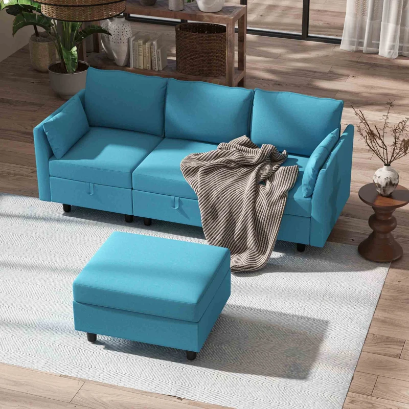 HOMCOM Divano Componibile Modulare 3 Posti con Pouf Poggiapiedi e Cuscini, Rivestimento in Flanella, Blu
