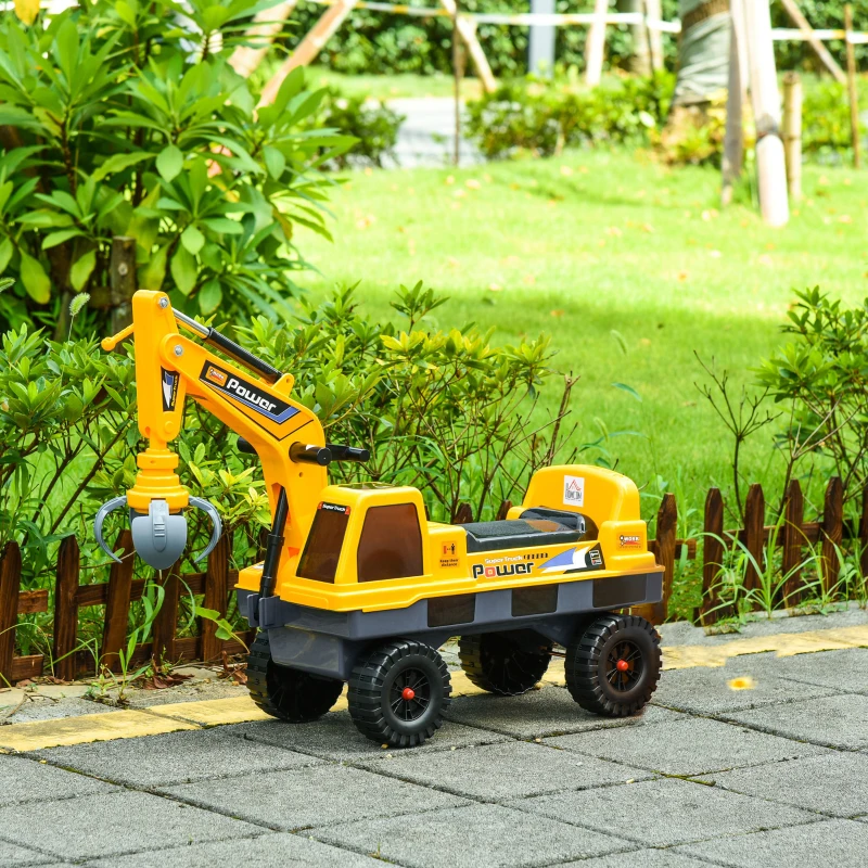 HOMCOM Ruspa Giocattolo 2 in 1 con Escavatore e Mordente, Vano Nascosto, Gioco Cavalcabile Bambini 2-3 Anni, 90x28x58cm, Giallo